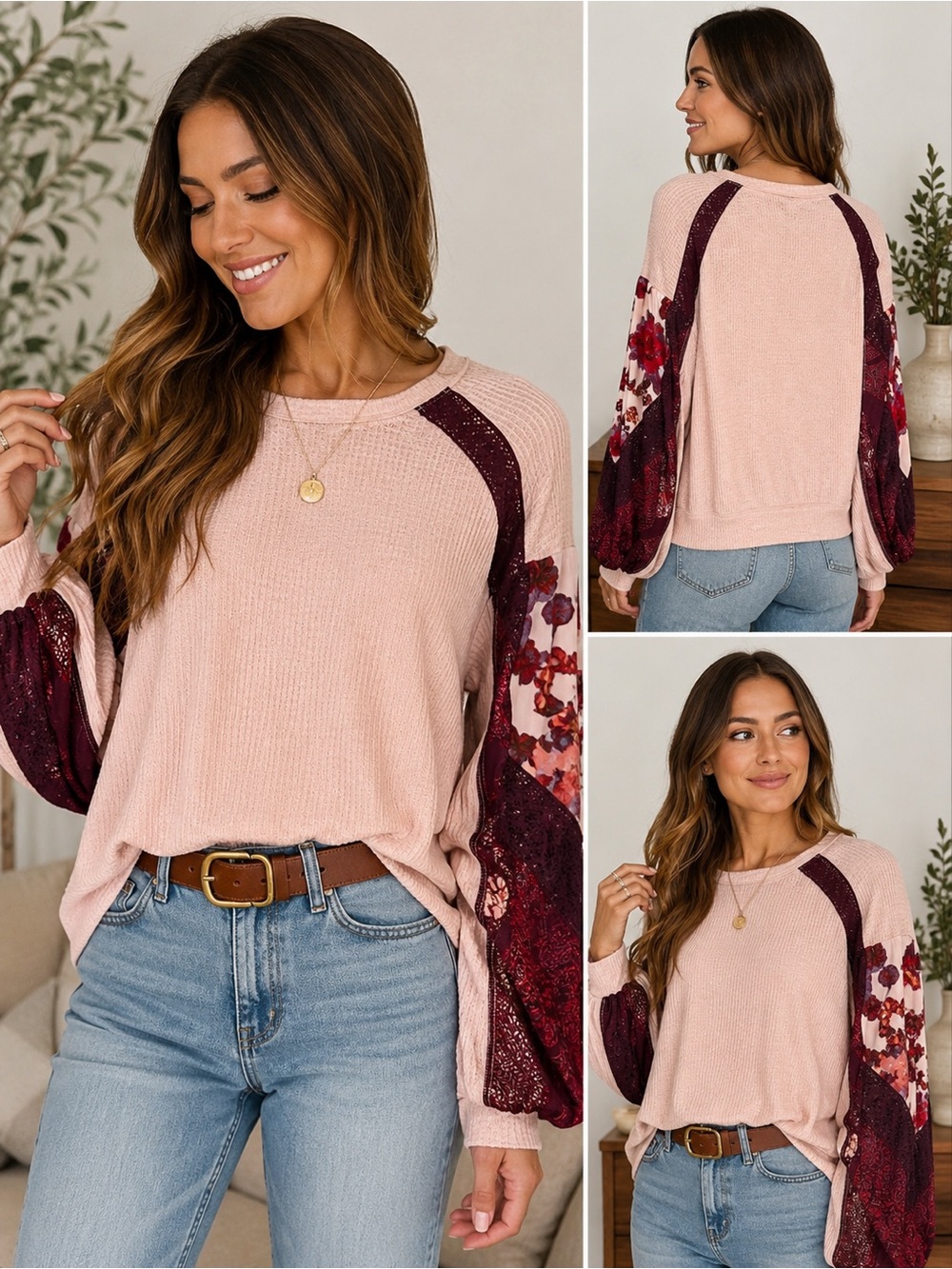 Free People Women’s Small Blush Pink Waffle Knit Floral Boho Balloon Sleeve Top